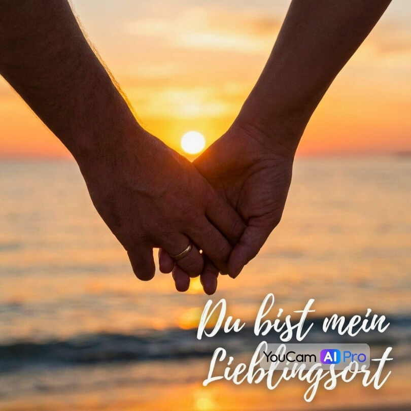 Händchenhaltendes Paar bei Sonnenuntergang am Strand, Silhouette, Text 'Du bist mein Lieblingsort'.