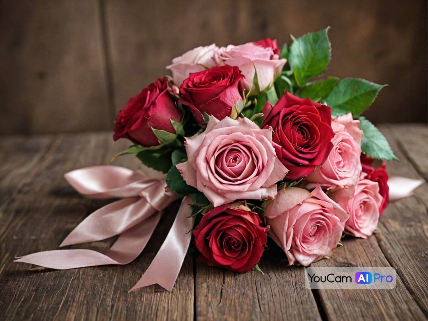 Ein kunstvoll arrangierter Strauß aus roten und rosafarbenen Rosen, dekoriert mit einem rosa Satinband, liegend auf einem rustikalen Holztisch.