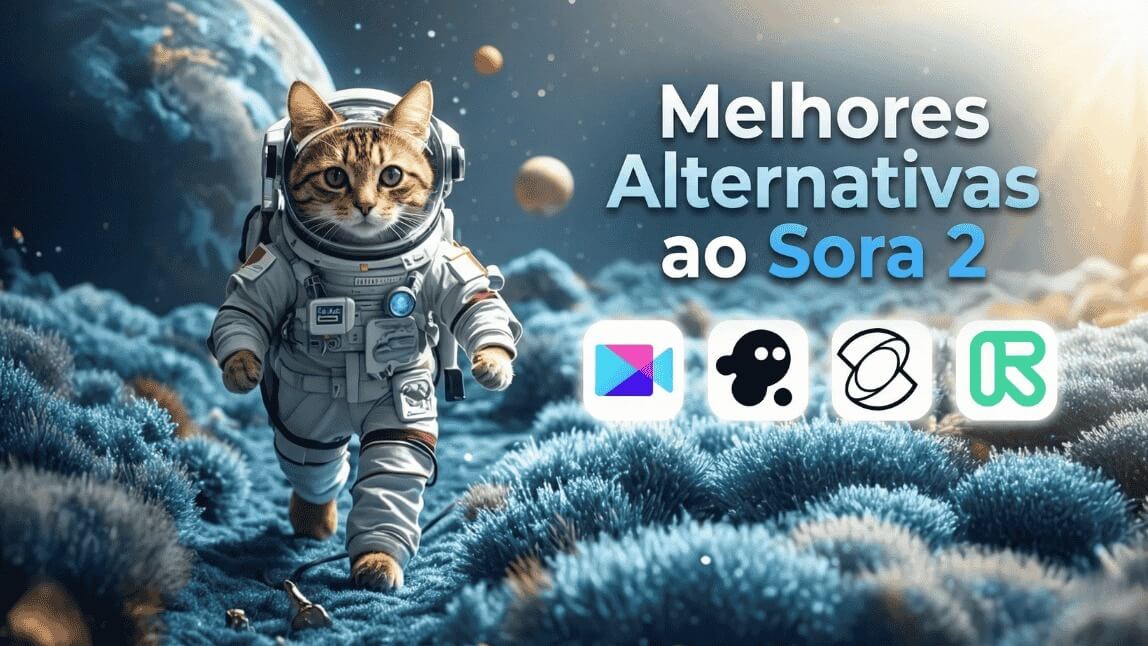 Gato astronauta gerado por IA caminhando em planeta azul, ilustrando a capa do artigo sobre as 8 Melhores Alternativas ao Sora e geradores de vídeo IA em 2026.