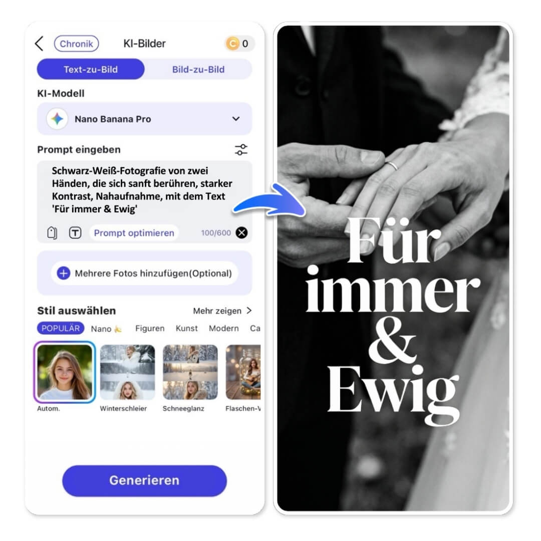 YouCam AI Pro Interface: Prompt-Eingabe für Schwarz-Weiß-Foto von Händen mit Ringen, Text 'Für immer & Ewig'.