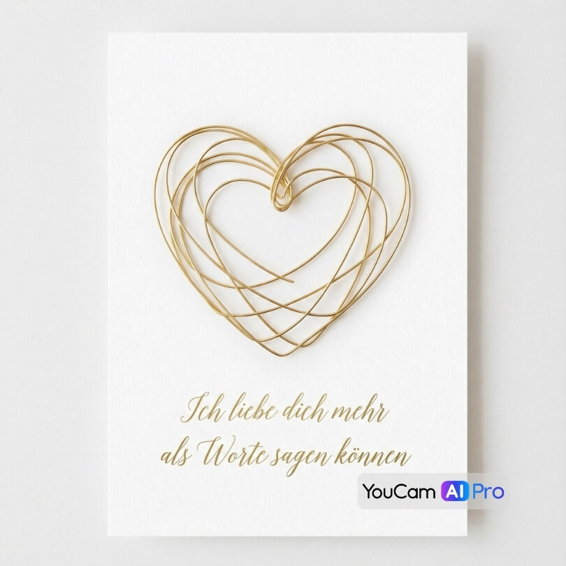 Minimalistisches goldenes Draht-Herz auf weißer Karte mit Text 'Ich liebe dich mehr als Worte sagen können'.