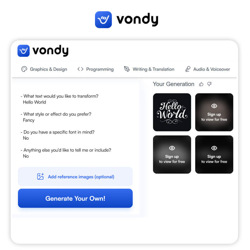 Interface do gerador de tipografia Vondy