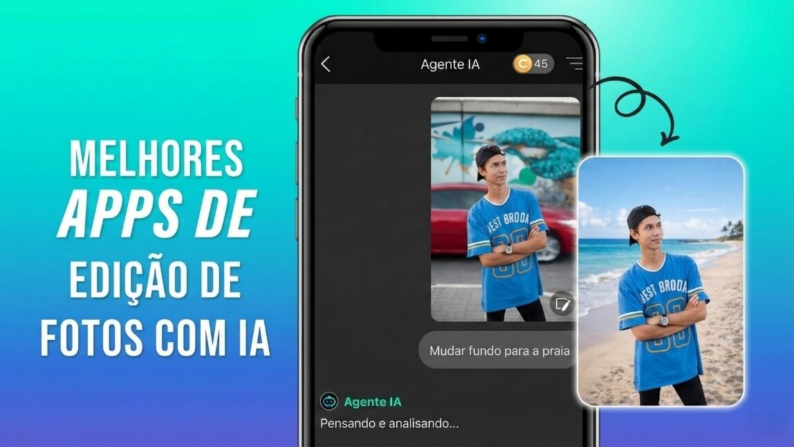 Capa do blog sobre os melhores apps de edição de fotos com IA, demonstrando o recurso Agente IA do YouCam Perfect trocando o fundo de uma imagem para praia.