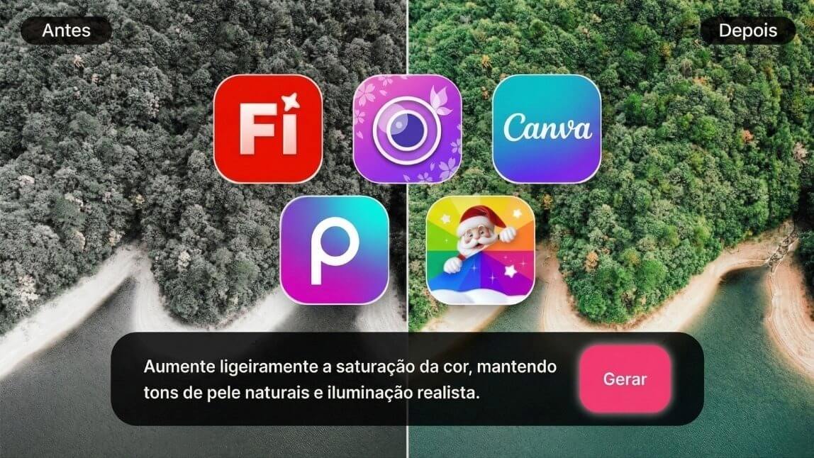 Comparação antes e depois usando editor de fotos com IA e prompt: floresta editada via comando de texto. Apps testados: Adobe Firefly, YouCam Perfect, Canva, Picsart e Fotor.