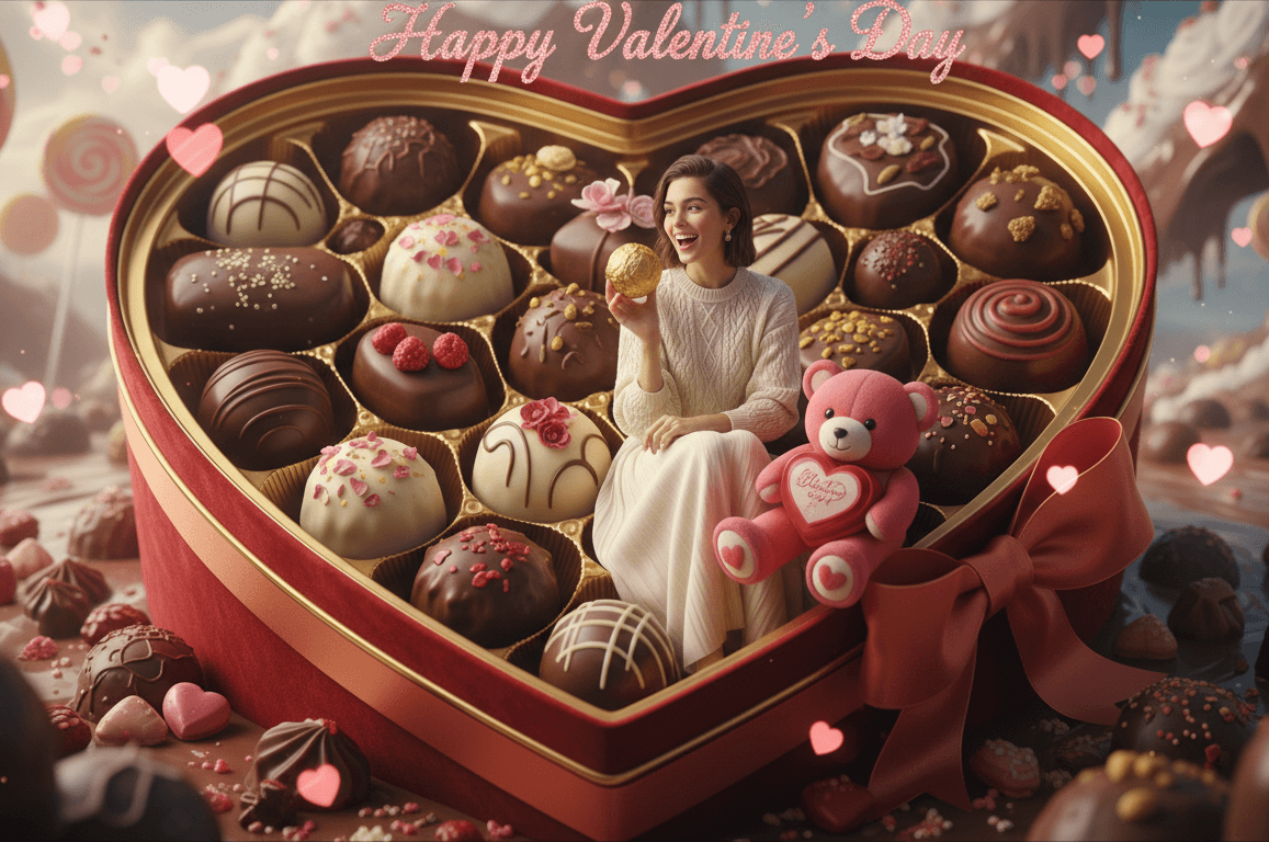 Girl sitting in giant chocolate box AI art