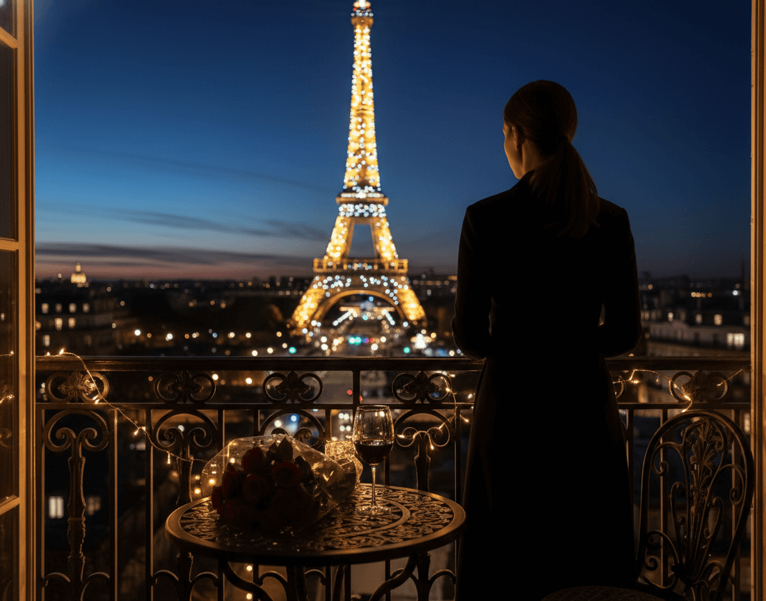 AI image of woman on balcony in Paris