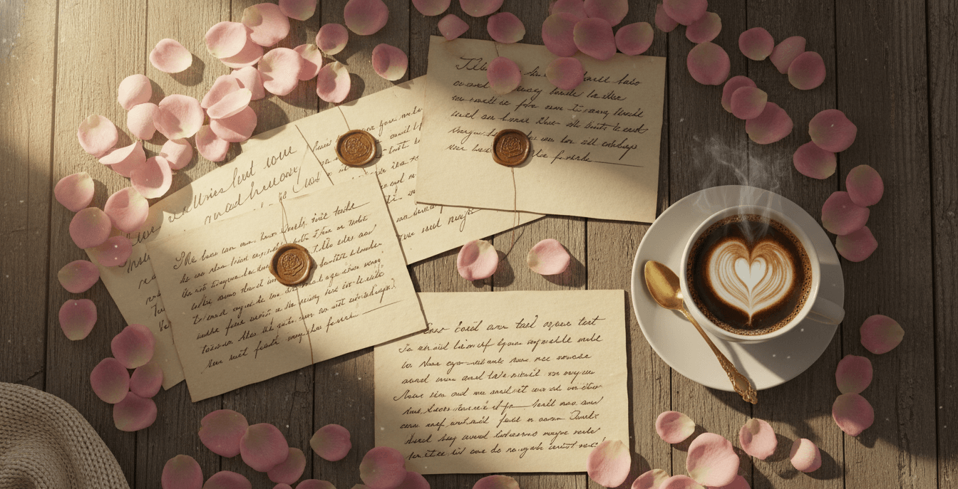 AI generated flat lay of love letters and coffee for Valentine's Day