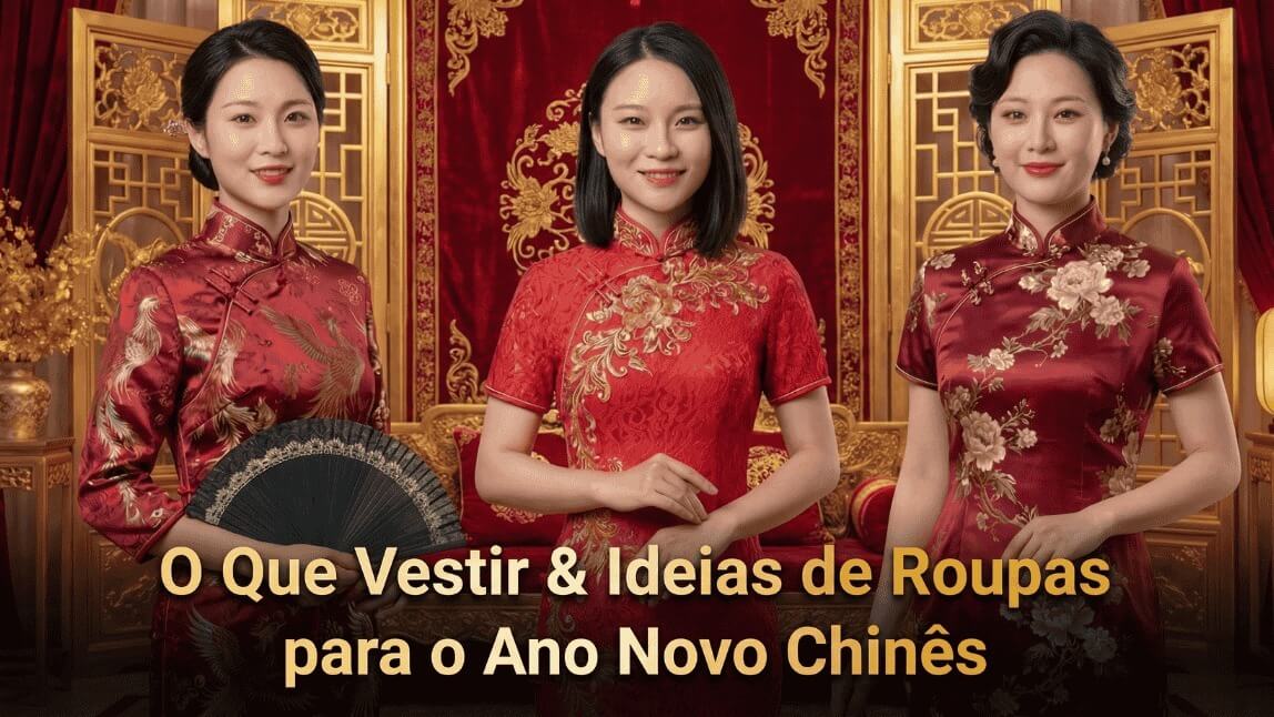 Três mulheres asiáticas vestindo vestidos Qipao vermelhos tradicionais com bordados dourados para celebrar o Ano Novo Chinês 2026 e o Ano do Cavalo.