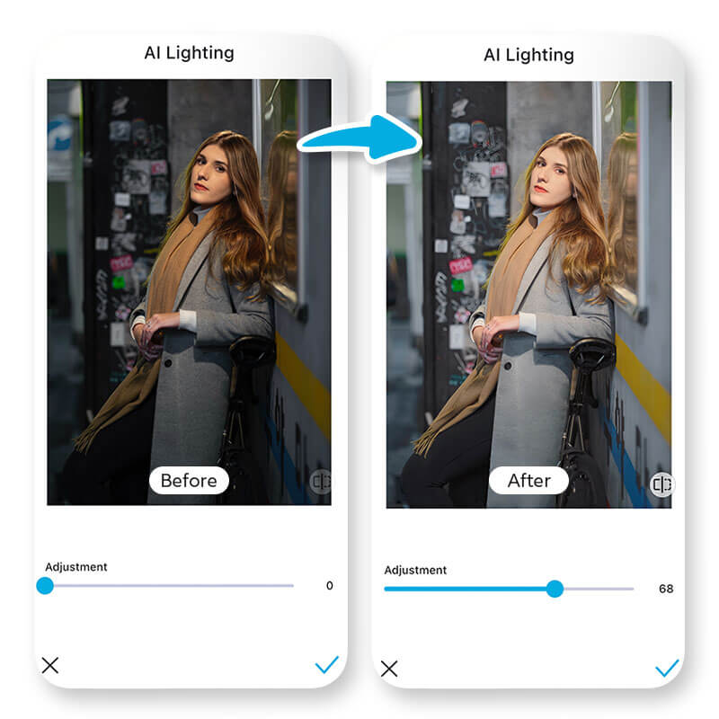 Use AI Lighting tool to easily enhance any photo quality.