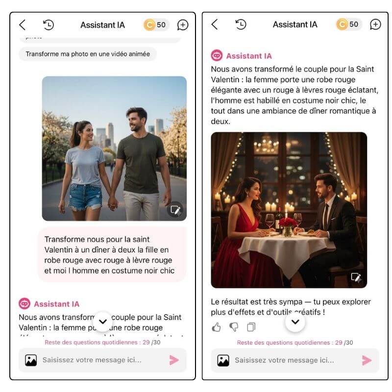 Créer photo de couple IA, agent IA chatgpt, youcam makeup, saint valentin