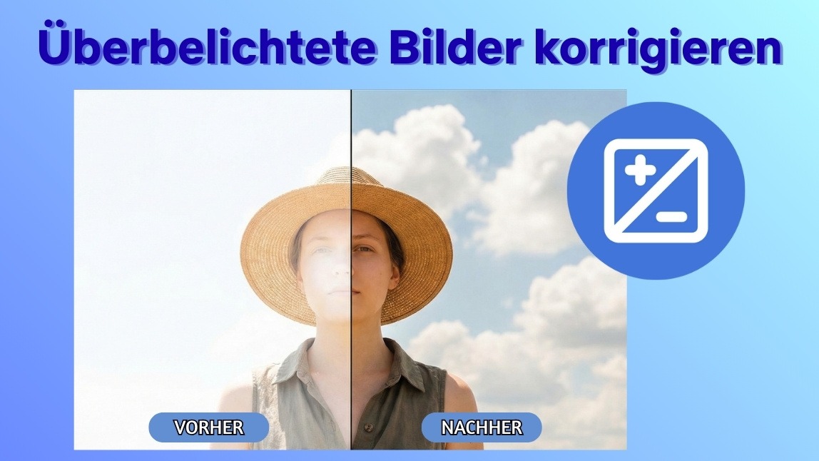 Vorher-nachher-Vergleich, der zeigt, wie man überbelichtete Fotos korrigiert; der weiße Hintergrund wird mithilfe einer KI-Lichtanpassung in einen klaren blauen Himmel verwandelt.