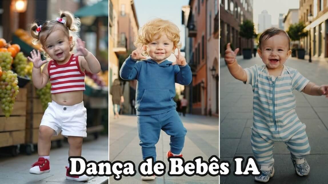 Colagem da trend AI Baby Dance mostrando três bebês dançando com roupas coloridas gerados por Inteligência Artificial no YouCam Makeup.