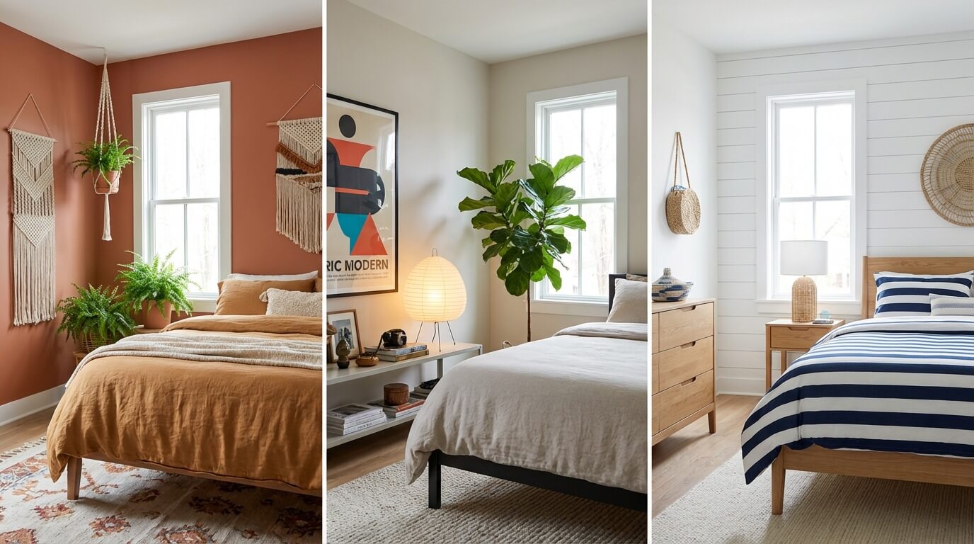  Three bedroom interior design styles: Bohemian, 70s Modern, and Coastal decor comparison for a single room layout.