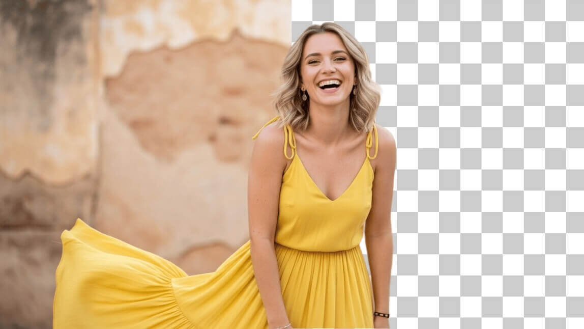 Comparação antes e depois mostrando como remover fundo de imagem com IA, deixando o fundo transparente (PNG) em foto de mulher de vestido amarelo.