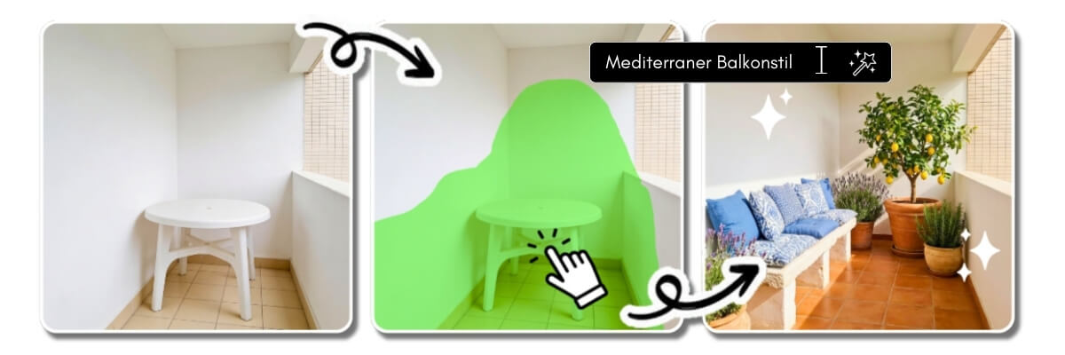 Tutorial GIF zeigt die Anwendung von KI-Ersetzen zur Balkonrenovierung