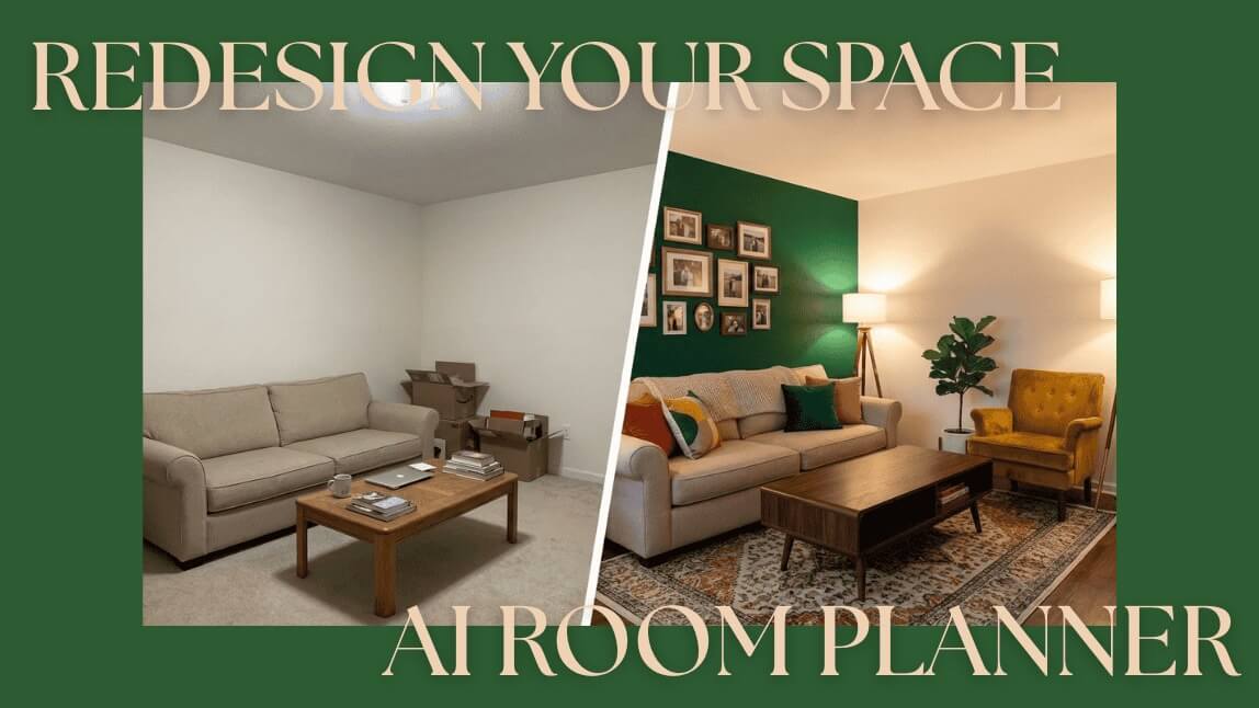 AI room planner before and after transformation of a plain living room into a cozy mid-century modern space with a green accent wall.