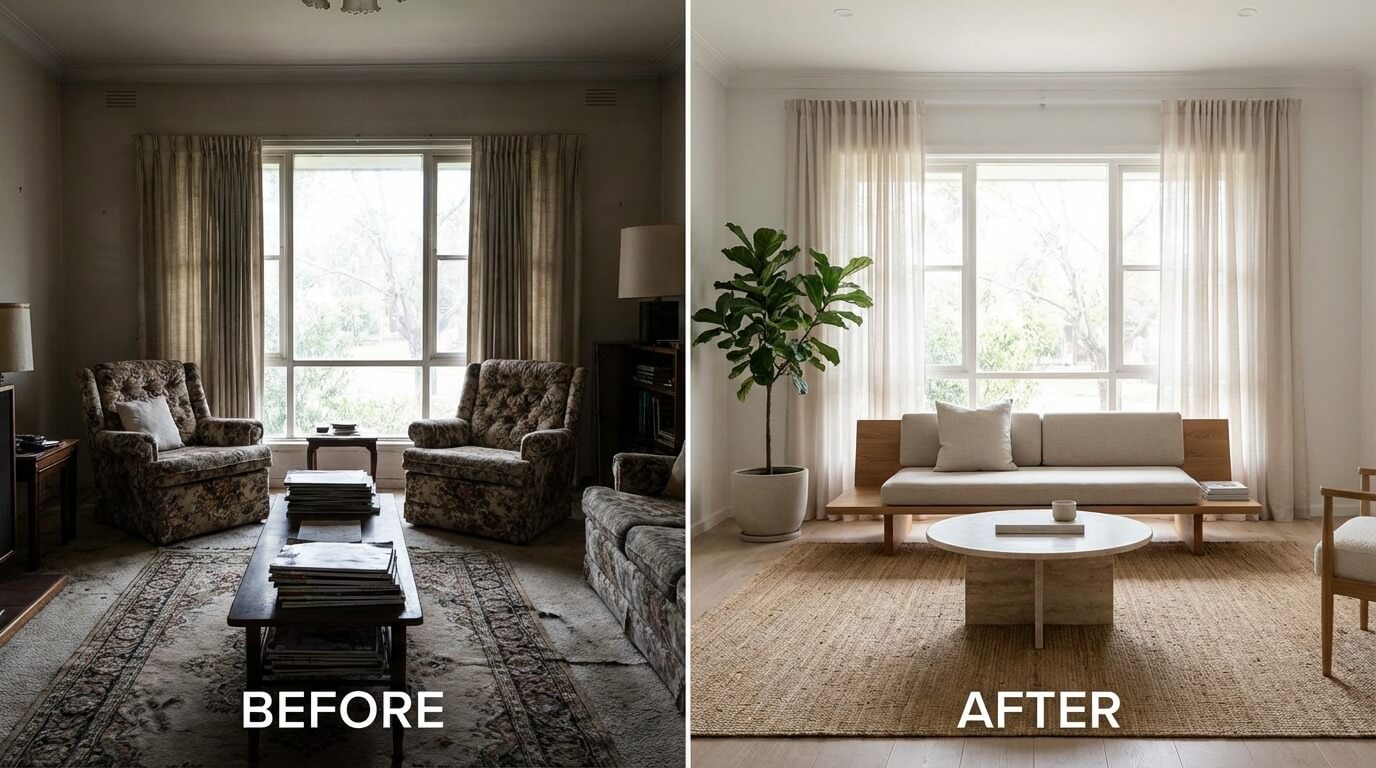  Living room before and after makeover: from dark, dated furniture to a bright, minimalist Japandi interior design.
