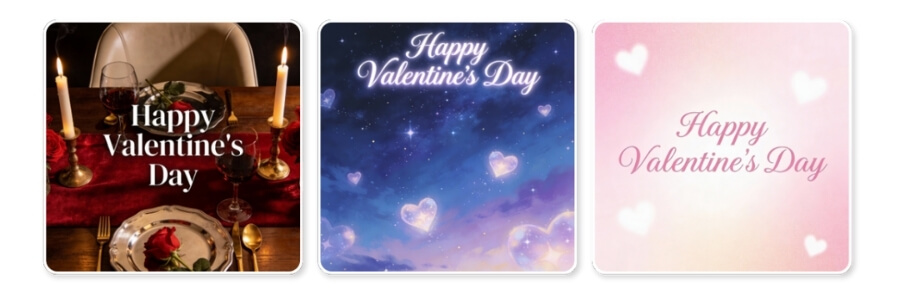 KI-generierte Valentinstags-Bilder in drei Stilen: Fotorealistisches Dinner, künstlerischer Fantasy-Himmel und modernes Pastell-Design.