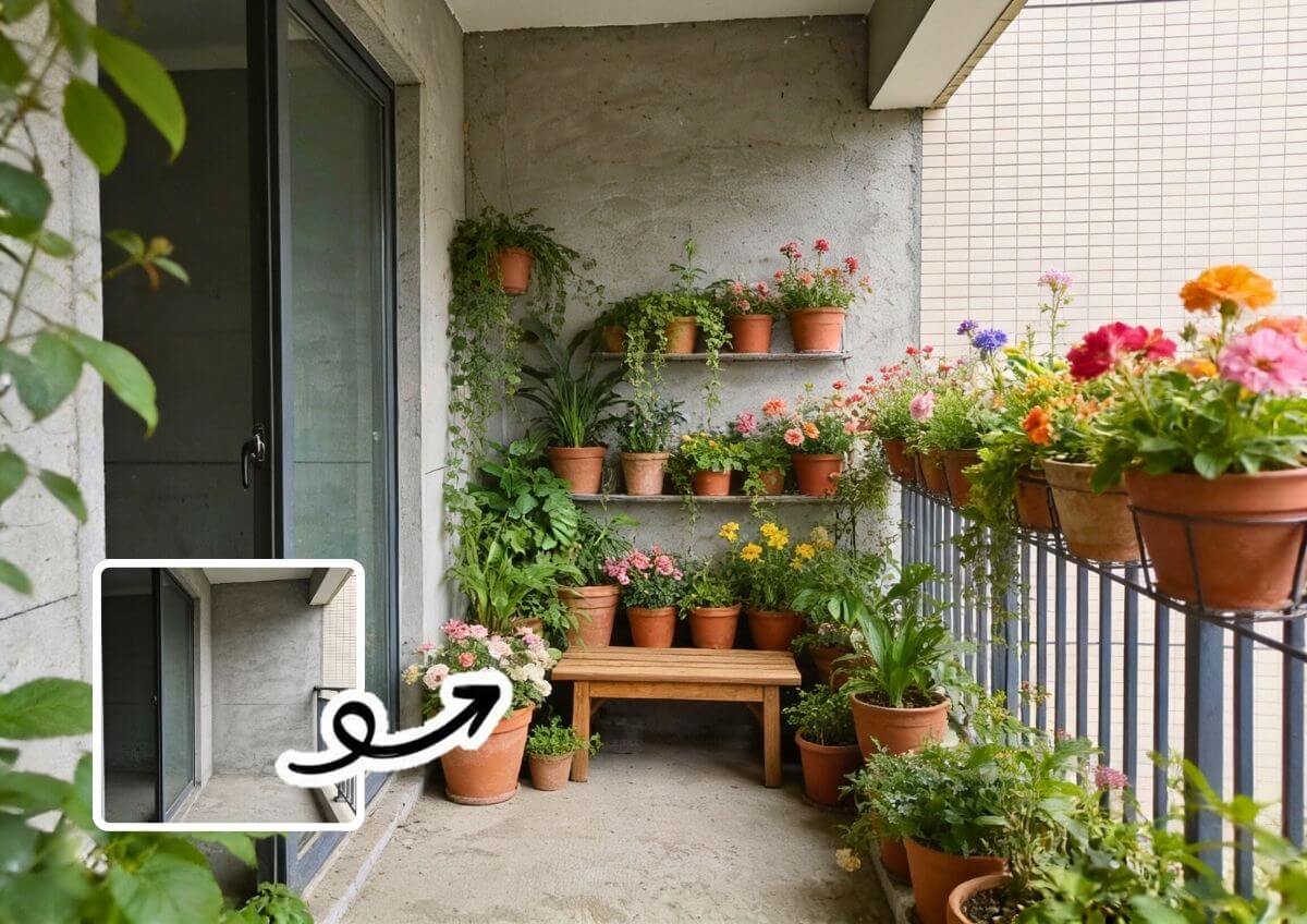 Balkon voller Topfpflanzen, bunte Blumen