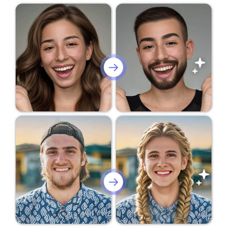 Résultats avant et après du filtre pour transformer un homme en femme et transformer une femme en homme