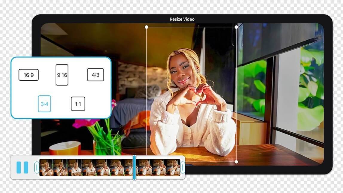 Interface de aplicativo redimensionando vídeo de mulher fazendo coração com as mãos, mostrando opções de proporção 9:16, 1:1 e 16:9 para Instagram e TikTok.