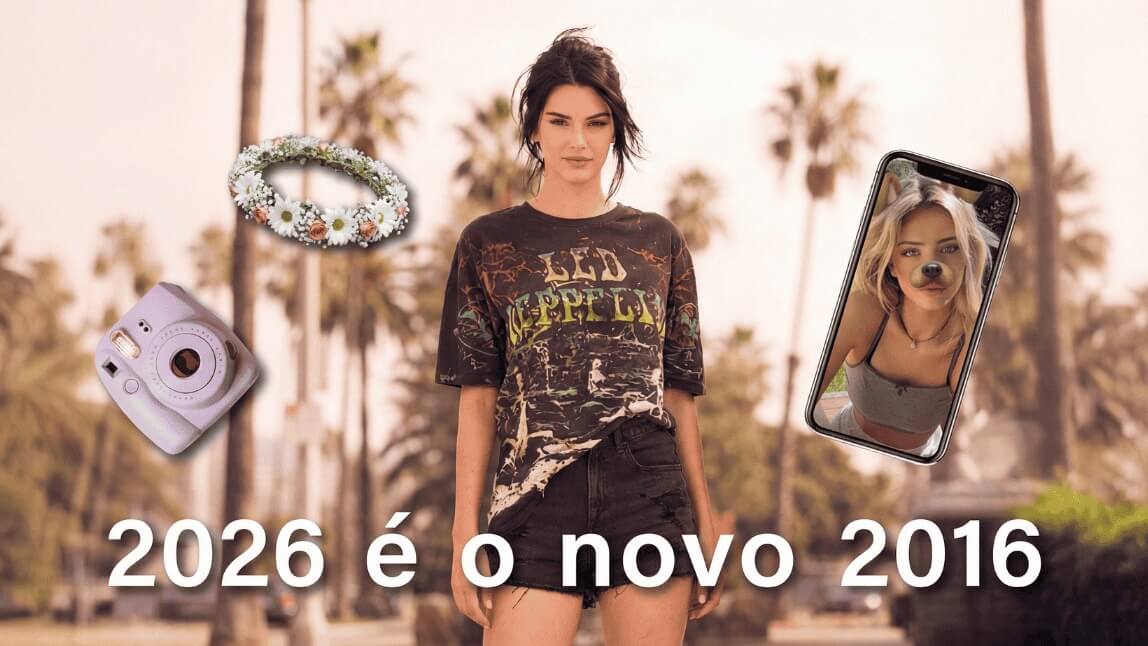 Colagem da trend 2026 é o novo 2016 mostrando estilo King Kylie, filtro de cachorro do Snapchat e coroa de flores para edição de fotos.