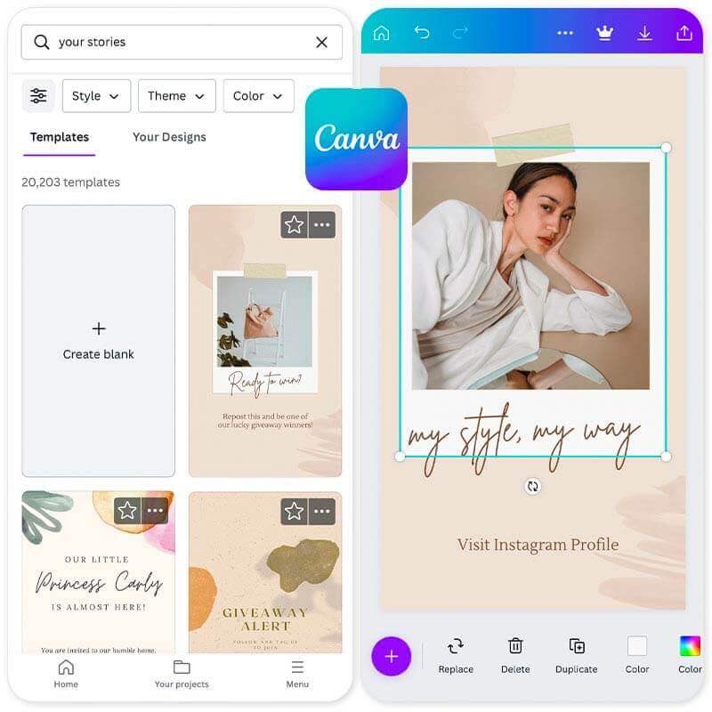 Interface do app de design Canva Interface do Canva, aplicativo focado em design gráfico e edição de fotos.