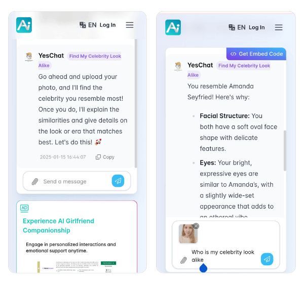 Yeschat: ferramenta online com IA para encontrar seu sósia famoso e descobrir 'com quem me pareço'.