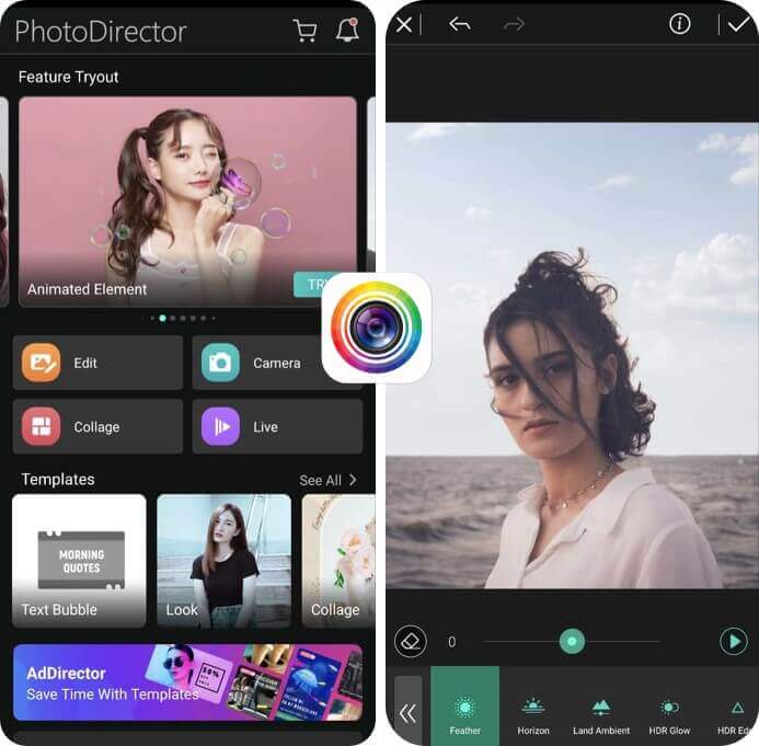 Interface do app de edição PhotoDirector Interface do aplicativo de edição de fotos PhotoDirector.
