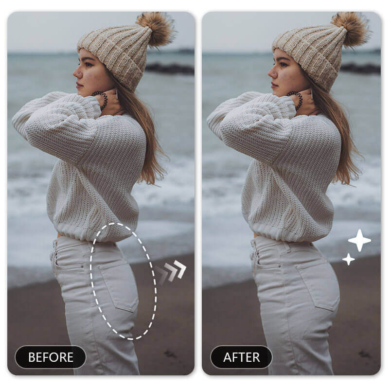 Resultado final da foto com bumbum aumentado Foto de uma mulher na praia mostrando o resultado final após usar o filtro de bunda IA para parecer maior.