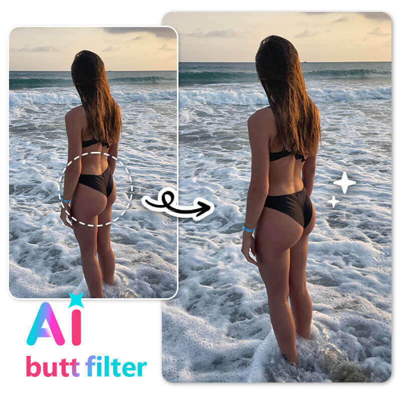 Antes e depois de usar o filtro de bunda IA Mulher de costas na praia, mostrando o comparativo de antes e depois de usar o filtro de bunda IA para aumentar o bumbum.