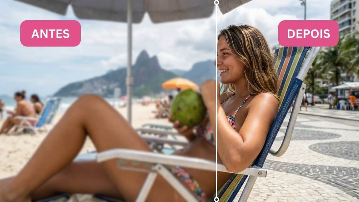 Comparativo antes e depois: mulher na praia do Rio de Janeiro mostrando como melhorar a qualidade da foto e remover borrão com IA.