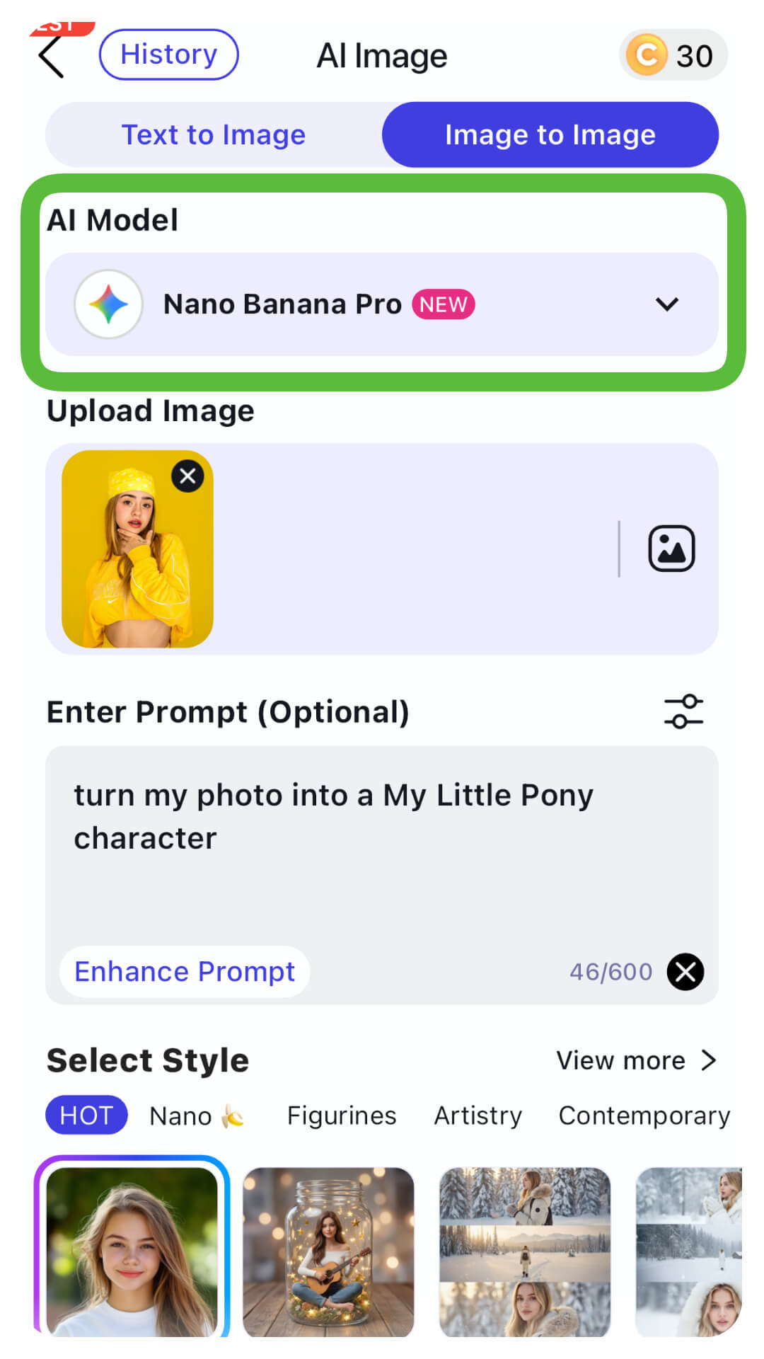 Seleção do modelo de estilo artístico no app