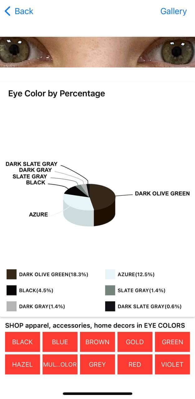 Eye Color Check app results screen showing percentage breakdown of detected eye colors.