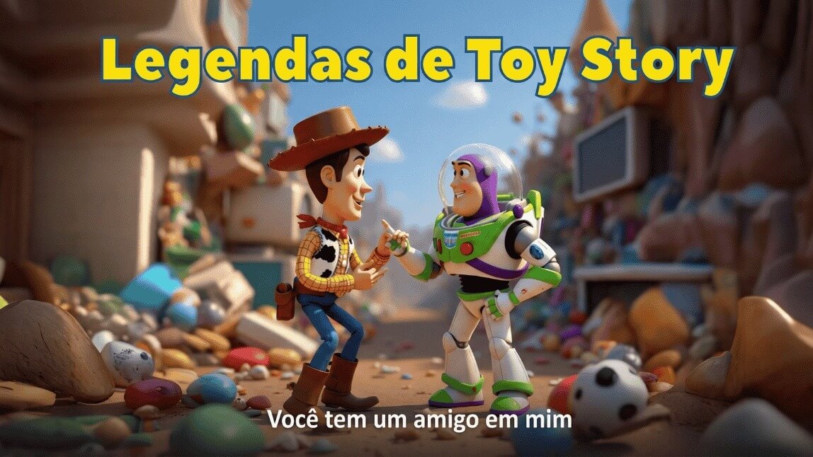 Woody e Buzz Lightyear lado a lado em cenário de brinquedos, ilustrando as melhores legendas de Toy Story para fotos.