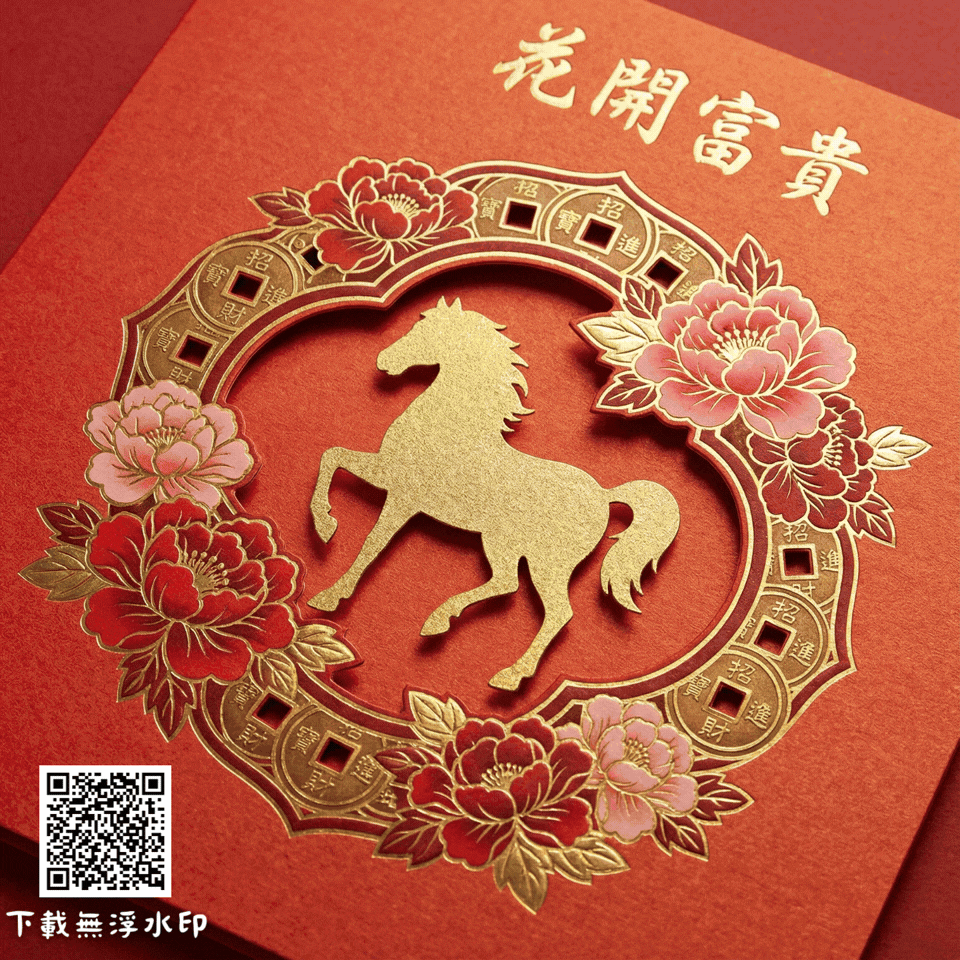 富貴牡丹剪紙馬 2026過年圖案,馬年圖案,馬年祝福圖,馬年賀卡
