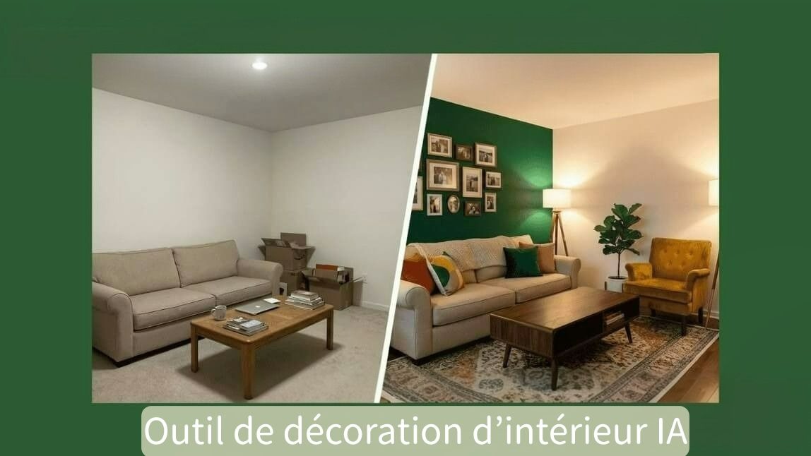 Planificateur de pièce IA avant/après : transformation d’un salon simple en espace chaleureux mi-siècle moderne avec un mur d’accent vert.