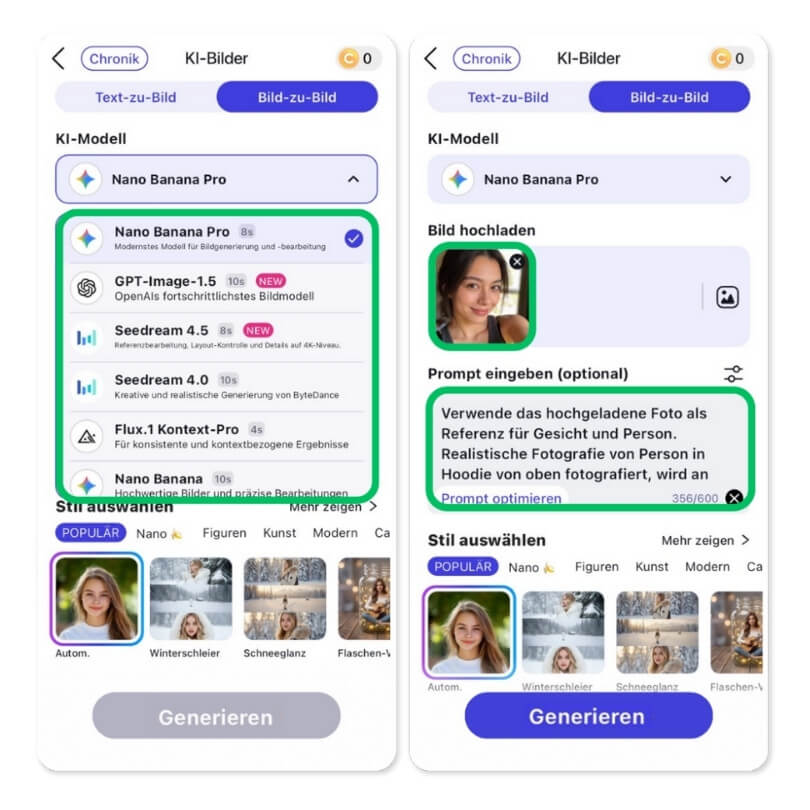 YouCam AI Pro Bild-zu-Bild Interface mit Nano Banana Pro KI-Modell und Prompt-Eingabe für Not Cute Anymore Trend