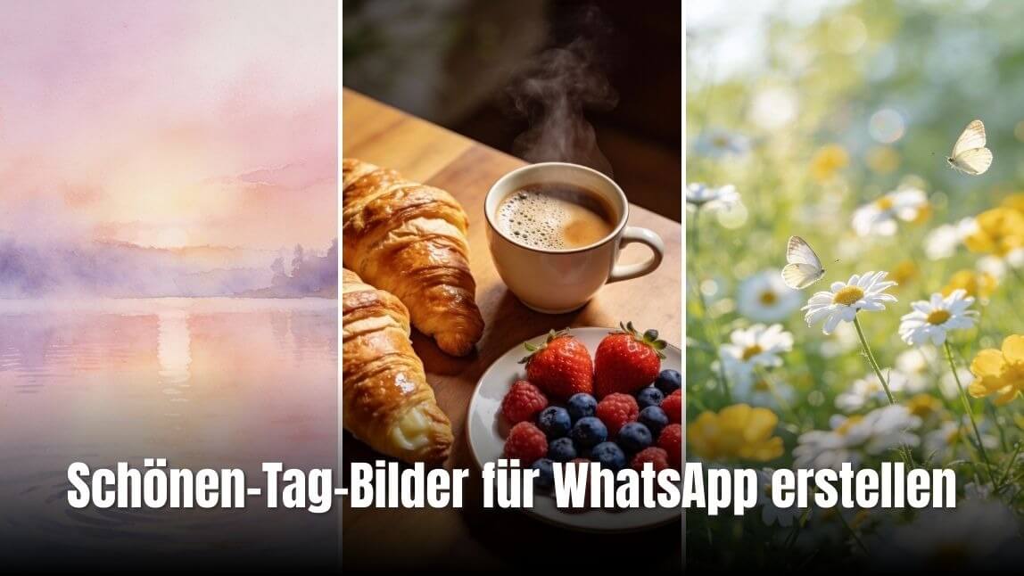 Drei Bildmotive für Schönen-Tag-Grüße: Sonnenaufgang am See, Frühstück mit Kaffee und Croissants, Frühlingswiese mit Gänseblümchen und Schmetterlingen