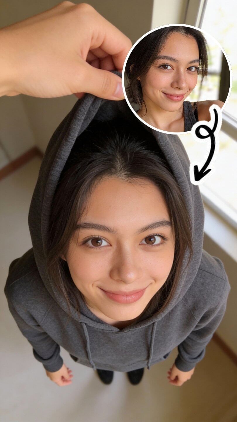 Not Cute Anymore Trend Beispiel: Frau in grauem Hoodie wird an der Kapuze von oben hochgehoben, Vogelperspektive Fotografie mit Referenzbild