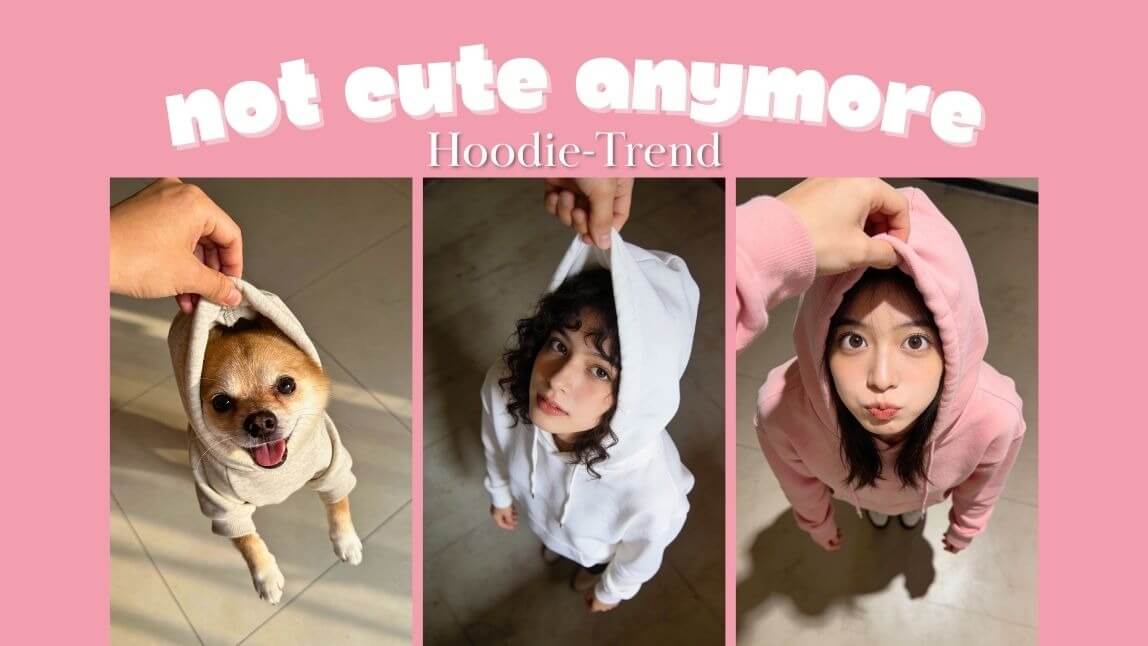 Hund in beigem Hoodie, Frau in weißem Hoodie, Frau in rosa Hoodie, alle aus der Vogelperspektive fotografiert