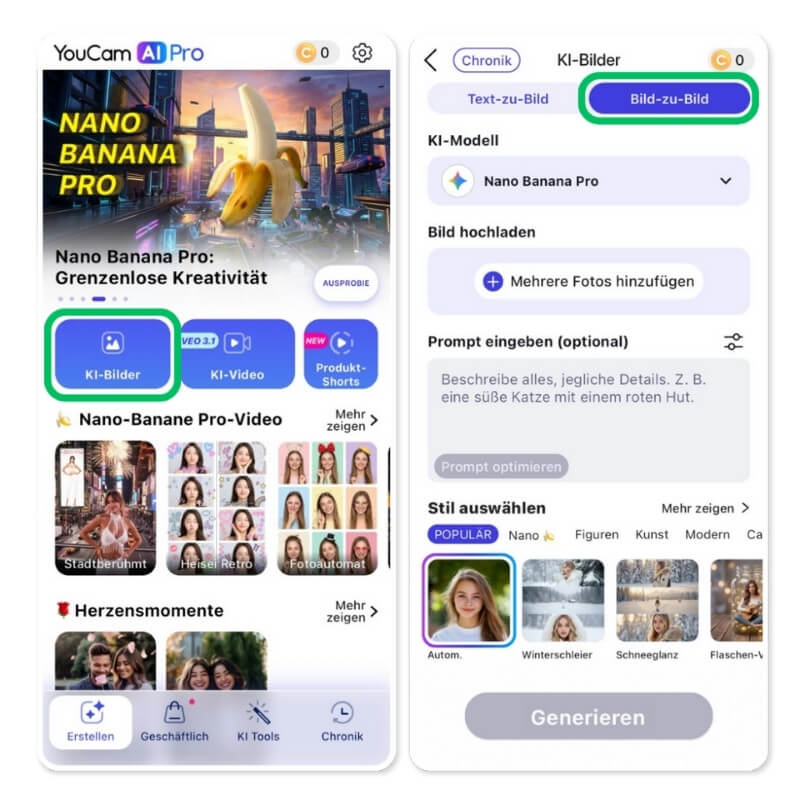 YouCam AI Pro App Oberfläche zeigt KI-Bilder und KI-Video Funktionen mit Nano Banana Pro für virale TikTok-Trends