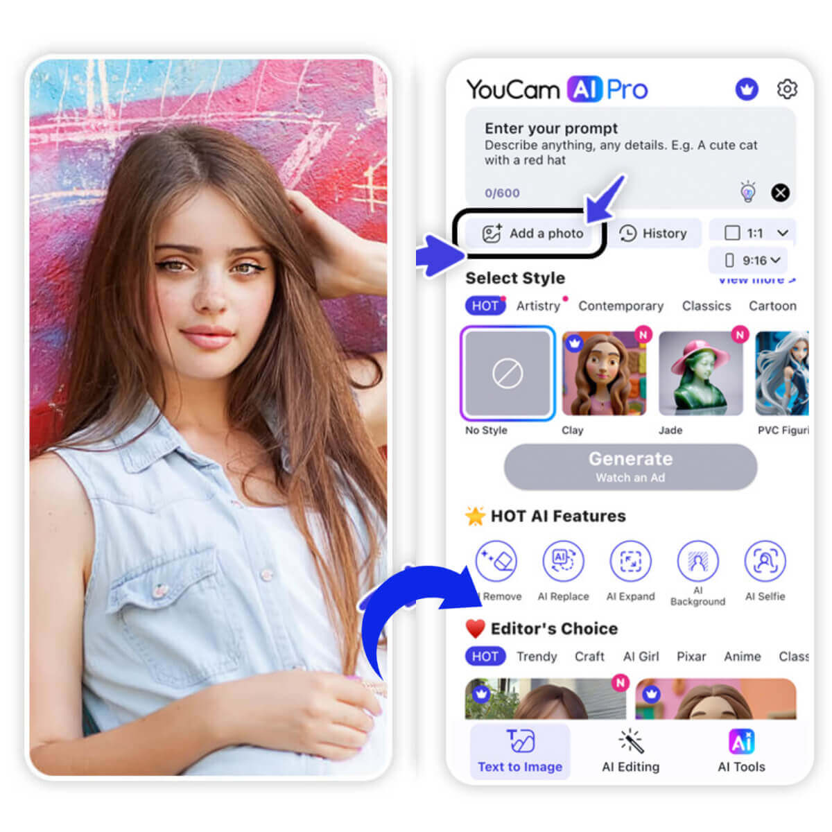 Step 1. Tap "Add a Photo" for AI Bratz Doll