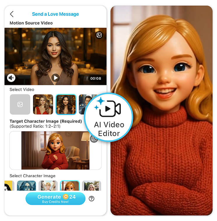 Use IA para gerar um vídeo fofo em que o personagem faz uma declaração de amor para o Valentine's Day.