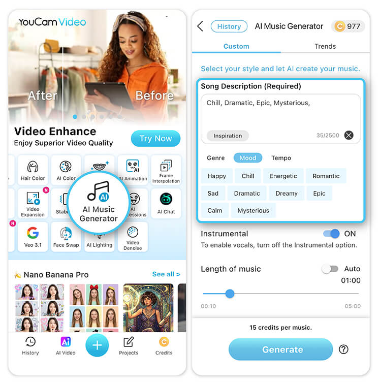 Use o Gerador de Música com IA para criar trilhas sonoras personalizadas para o vídeo de Dia dos Namorados.