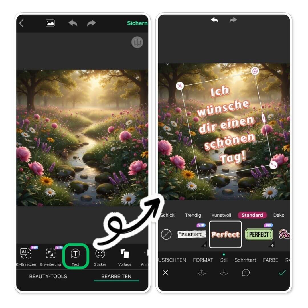 YouCam Perfect App-Interface zeigt die Text-Funktion zum Hinzufügen von Schönen-Tag-Grüßen auf einem Bild