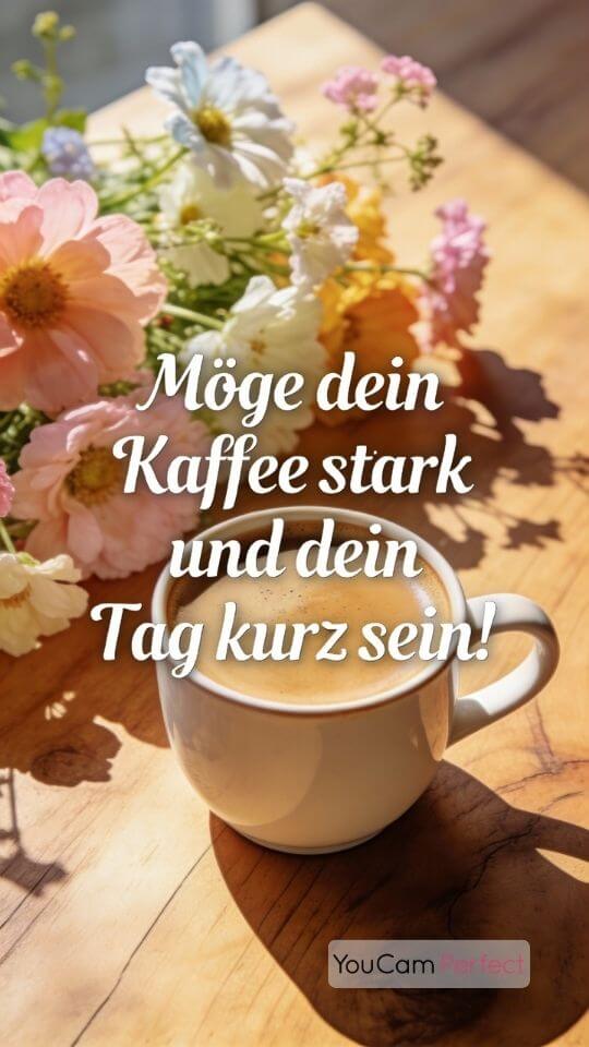 WhatsApp-Gruß mit Kaffeetasse und Blumen und dem Spruch "Möge dein Kaffee stark und dein Tag kurz sein"