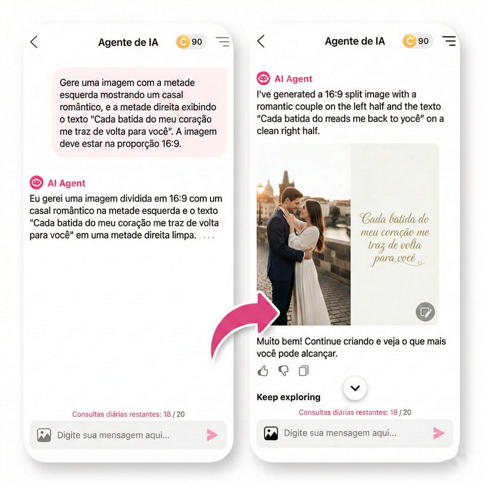 Interface do Agente de IA gerando uma imagem de casal romântico com a frase personalizada: Cada batida do meu coração me traz de volta para você.