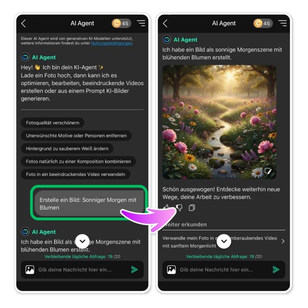 AI Agent in YouCam Perfect generiert ein Bild mit blühender Morgenszene nach Text-Prompt