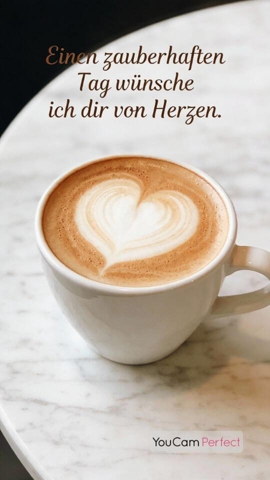 Kaffeetasse mit Herz-Latte-Art und dem Spruch "Einen zauberhaften Tag wünsche ich dir von Herzen"